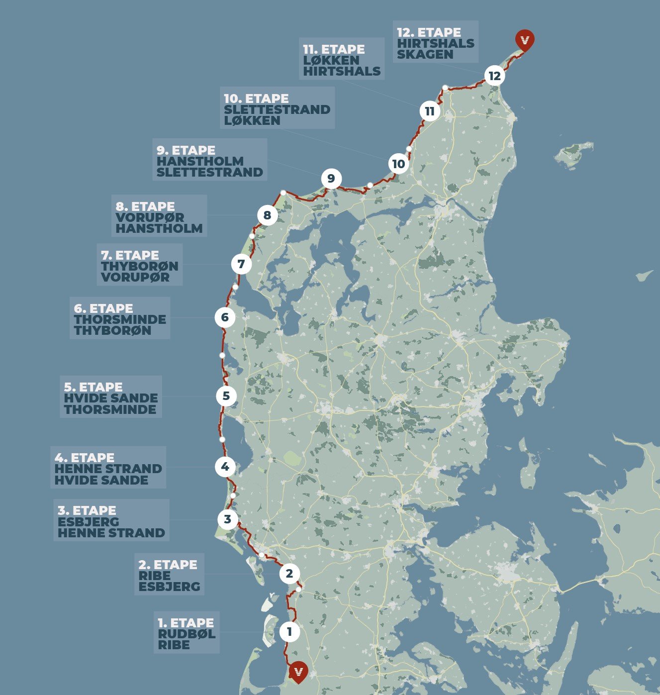 Kort over Vestkystruten på cykel eller vandring