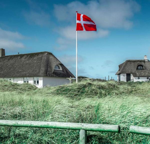 Feriehus ved vesterhavet med danske flag og solrig himmel